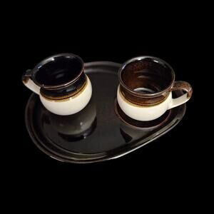 Arabia Finland Keram Savi Espresso Cup Set Tray Brown White Mid Century